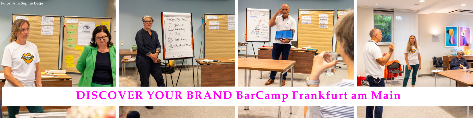 ImpressionenBarCamp2025_DISCOVERYOURBRAND_FrankfurtamMain Collage aus fünf Fotos vom 'Discover Your Brand BarCamp Frankfurt am Main'. Die Bilder zeigen verschiedene Workshop-Szenen: Links eine blonde Frau in weißem T-Shirt neben einer Frau mit grüner Jacke und Brille vor Flipchart-Papieren an der Wand. In der Mitte ein älterer Mann mit Brille vor einem Whiteboard mit Notizen. Rechts ein Mann im weißen Hemd, der mit einem Laptop präsentiert, sowie weitere Teilnehmer in Seminarräumen bei Diskussionen und Präsentationen. Alle Fotos zeigen eine lebendige Workshop-Atmosphäre mit Flipcharts, Notizen und engagierten Teilnehmern."